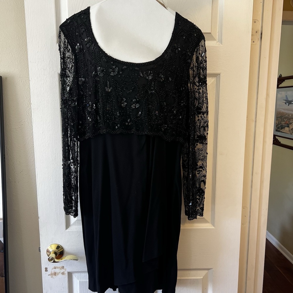Stenay Black Beaded Sequin Lace Evening Dress Long Sleeve Formal Gown Womens 16